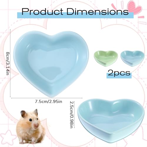 2 PCS Hamster Ceramic Food Bowl, Heart Hamsters Food Water Dish Anti-Turning, Ceramic Pet Bowls for Guinea Pig Gerbil Hedgehog Rat Rodent Bunny Parrots (Green, Blue)