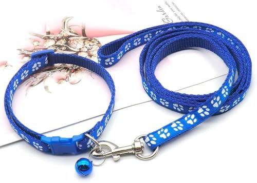 Blue Puppy Lead and Collar Sets, Extra Small Dog Collar and Lead Set Pawprint Adjustable Kitten Collar with Bell for Tiny Little XXS XS Small Breed Pets Dogs Cats Girls Female - color: Dark Blue