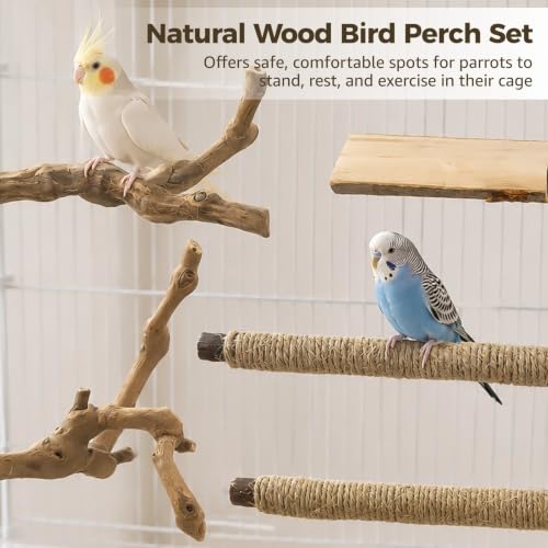 5 Pcs Natural Wood Bird Perch Set, Paw Grinding Standing Branches Hemp Rope Platform Comfort Cage Accessories for Small Parrots Budgies Cockatiels