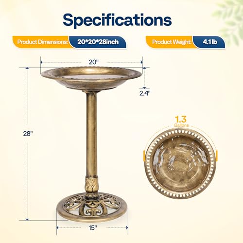 VIVOHOME Bird Bath for Outside, Polyresin, Pedestal, Antique Copper | Weather-Resistant, 20-Inch Bowl, 28-Inch Height, for Outdoor/Garden, Bird-Friendly, Easy to Clean - color: Antique Copper