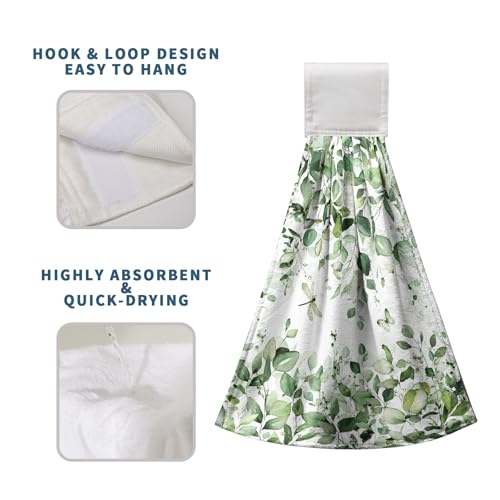 Eucalyptus Leaves Hanging Hand Towels Sage Green Leaf Kitchen Towels with Hanging Loop Spring Summer Floral Farmhouse Greenery Tea Dish Towels Soft Absorbent Fingertip Bath Tie Towels for Bathroom - color: Eucalyptus Green Leaf