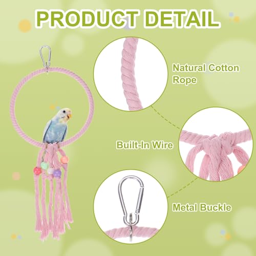 Bird Rope Perch Swing, Rope Ring Perch Standing Pole Accessory Climbing Swing Paw Grinding 13.7 Inch, (Pink) Intended for Parrot/Parakeet/Budgies/Cockatiels/Lovebirds - color: Pink, size: 13.7 Inch