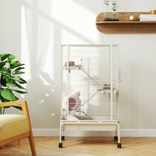 PawHut 47" Small Animal Cage, 4 Levels Large Rolling for Syrian Beige | Metal Ferret Chinchilla Rabbit Cage, 5.9" Deep Tray, 3 Ramps, Water Bottle, Food Dish, Squirrel