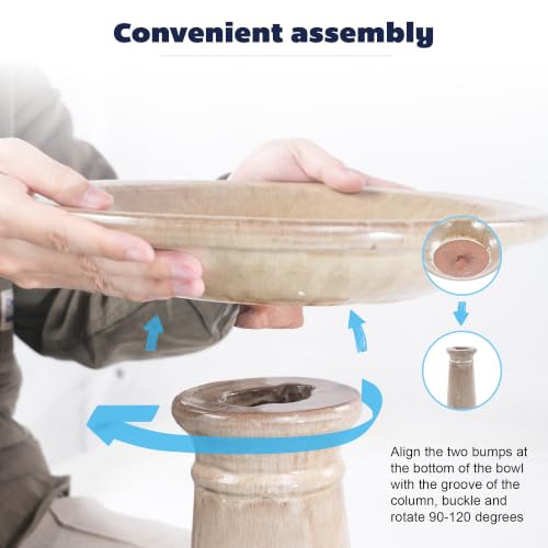 Ceramic Pedestal Bird Bath for Outside, 15 x 12 Inch, Light Khaki | Glazed Finish, Easy Twist-to-Lock Assembly - color: Light Khaki