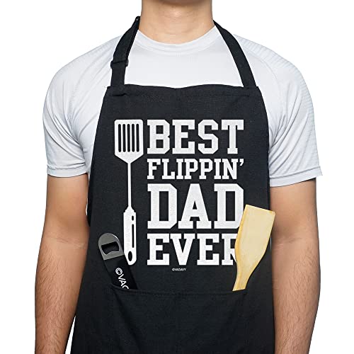 VAGAVY 100% Cotton, Black Funny Aprons for Men, Dad, Husband - Birthday, Father’s Day Grilling Gifts for Papa, Husband. - color: Best Flippin' Dad Ever