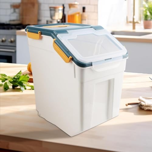 50LB Large Flour Storage Container Bin,2 Pack Airtight Plastic with Wheels Seal Locking Lid Dispenser Organizer Bin with Measuring Cup & Scoop for Flour, Rice, Grain 100LBS Total Capacity(Blue) - color: Blue/50lbs,2counts