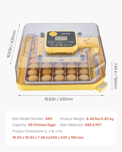 VEVOR 48 Egg Incubator, Automatic Egg Turner with LED Candler, Temperature Display & Auto Humidity Control, 360° View Clear Window, Poultry Eggs Incubator for Hatching Chicks Ducks Goose Quail - size: 48 Eggs