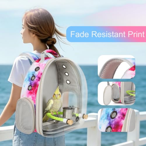 Galaxy Bird Carrier Backpack, Water and Food Cup, Tray and Perch, Clear Bubble Space Capsule Travel Bag - color: Galaxy Pink