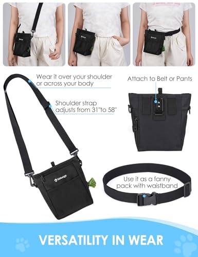 4 Cup Dog Treat Pouch with Silicone Insert Bag& Clicker(Black) | 2 Pair Magnetic Closures, Belt Clip/Waist Belt/Crossbody Wear, Zipper Pocket Poop Bag Holder for Pet Training/Daily Walking - color: Black