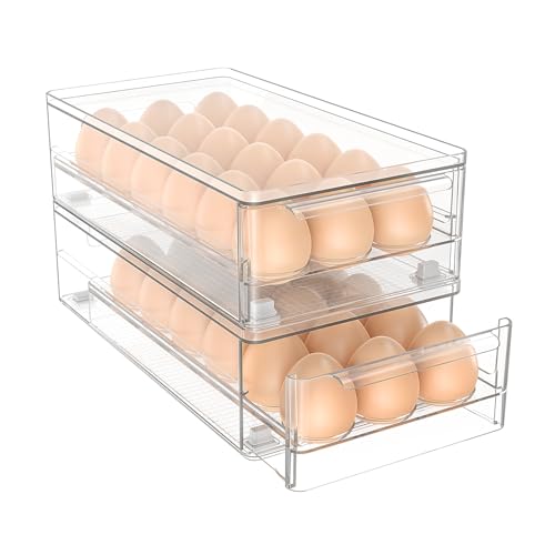 Stackable Fridge Egg storage, Clear 36 Egg Holder with Non-Slip Feet | Double stackable design holds total 36 eggs, greatly expand refrigerator storage capacity