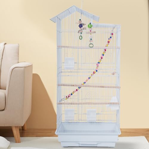 FDW 39 Inch Bird Cage Parakeet Cage with Play Top Rolling Stand & Easy Clean Pull-Out Tray Roof Top Parrot Cage for for Finches Canaries Parakeets Cockatiels & Other Small Birds, White - color: White