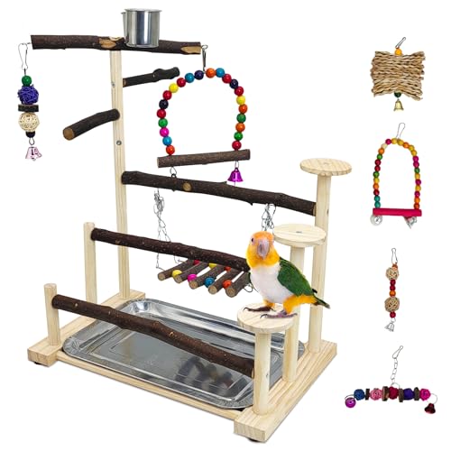 PINVNBY Bird Playground 9 PCS Parrot Perch Stand Play Gym Cockatiel Wood Bird Toys Birds Cage Accessories Playpen with Feeder Cups Hanging Swing Toys for Parakeet Conure Lovebird Cockatiel - size: Three Floors With Chew Toys