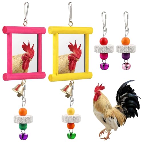 Sumind 2 Pieces Chicken Mirror Toys Hanging Swing Mirror with Bell Wooden Pecking Toy and 4 Pieces Beak Grinding Molar Stones for Hens Birds Parrots | Clip on Wide Brim Golf Visors, Adjustable Elastic Headband Sun Hat, Lightweight Sport Cap for Summer Out