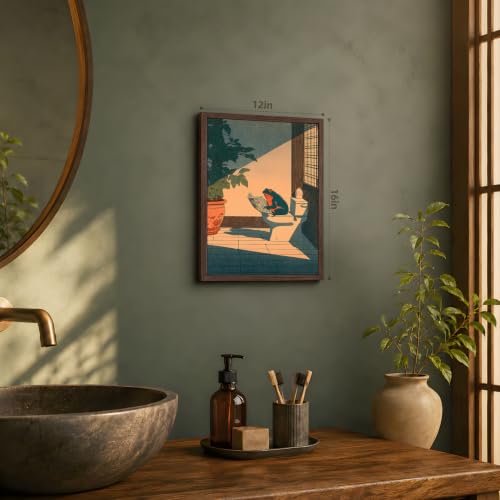 GELDSTEI Wood Framed Funny Frog Reading Vintage Bathroom Wall Art 16x24 in | Vintage Japanese Style Frog Reading On Toilet Art Print, Playful Farmhouse Wall Decor for Bathroom and Powder Room - color: Frog, size: 24"L x 16"W
