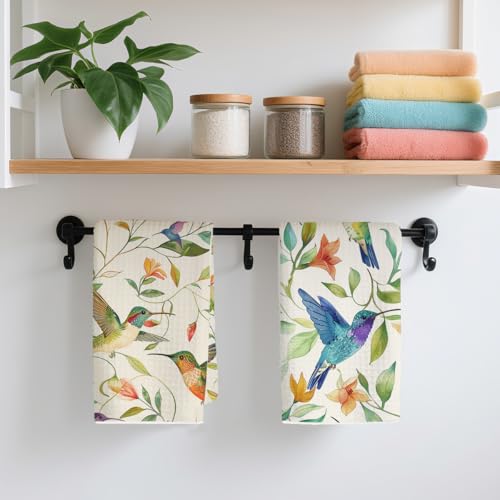 2 Pcs Vibrant Hummingbird Kitchen Towels, Housewarming Gifts | Floral Art Decorative Absorbent Microfiber Dish Cloth Tea Towel, Waffle Soft Hand Towels for Farmhouse Home Bathroom - color: Multi 0439