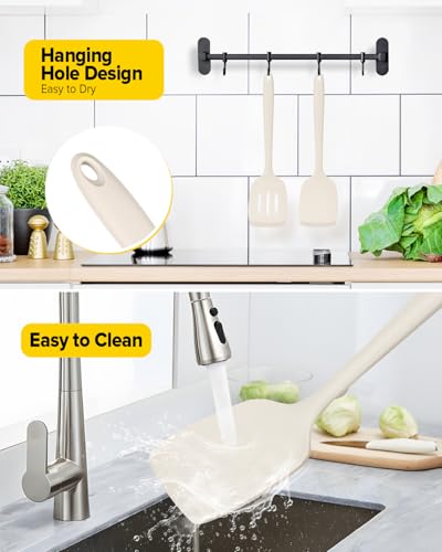 Pack of 2 Silicone Spatula Turners, Non Stick Slotted Kitchen Spatula Set, Heat Resistant BPA Free Kitchen Utensils, One-Piece Design, Suitable for Flipping Fish, Eggs, Steak, Pancakes(KHAKI) - color: Khaki
