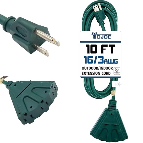 YOJOE 3-Outlet Indoor/Outdoor Extension Cord, 16 Gauge Heavy Duty 10 ft Green, UL Certified, 3 Prong 13A Weatherproof Power Cord for Garage, Garden, Appliances - color: Green, size: 10 Foot, style: Standard
