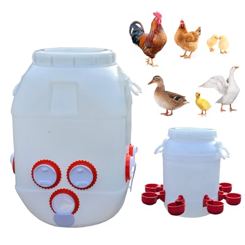 Rainproof Chicken Feeder and Chicken Waterer Set (13 Gallon/60 Pounds) Automatic Chicken Feeder Poultry Feeder Bucket with 10 Ports Chicken Waterer (2.6 Gallon/10L) with 8 Water Cups