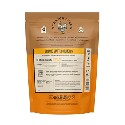Scratch and Peck Feeds | Starter Crumbles for Chickens & Ducks | 10 lb Pouch, 20.5% Protein, Corn & Soy Free, Certified Organic & Non-GMO Project Verified, Complete Nutrition - size: 10 Pound (Pack of 1), style: Starter