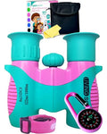 Kids Binoculars Ages 3-12, 8x21 Compact Shockproof Turquoise | bird watching, hiking, for boys, outdoor adventures, includes carry case, neck strap, compass, carabiner - color: Turquoise/Pink