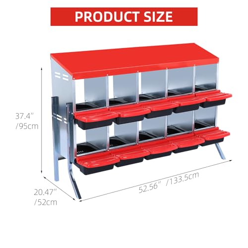 Chicken Nesting Box 10-Compartment – Roll Away Laying Boxes for Hens with Lid Cover & Egg Protection – Heavy Duty Red Poultry Nest Box - color: Red, size: 59.1"L x 23.6"W x 35.4"H