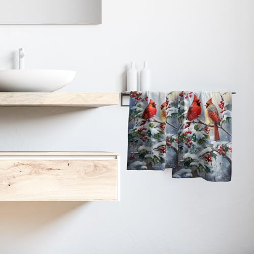Winter Red Bird Hand Towels Pack of 2 Sweet Couple Cardinal Fingertip Towels Birds Holly Berry Branches Snow Christmas Holiday Bathroom Towels Soft Fast Drying Face Towel for Kitchen Spa Gym - color: Winter Bird