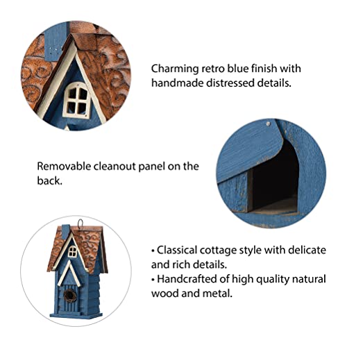 Glitzhome Bird Houses for Outside, 12" H Retro Blue Distressed Solid Wood Cottage Birdhouse Hanging Bird House for Outdoors, Bluebird House for Garden Patio Backyard - color: 12"H Blue