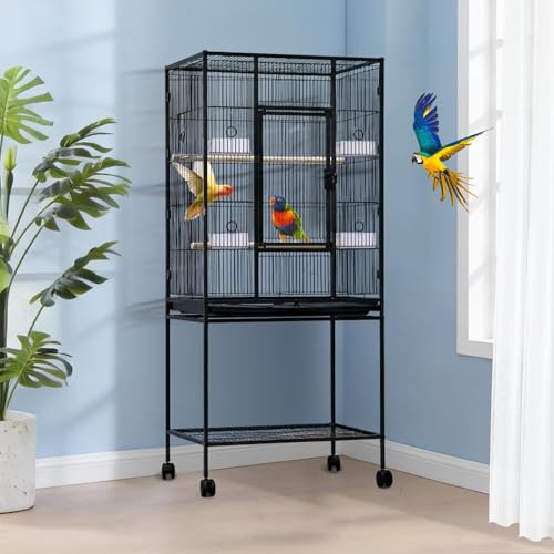 54" Large Bird Cage, Parrot Bird Cage with Rolling Stand & Storage Shelf, Heavy Duty Wrought Iron Flight Cage, Secure Lock, Ideal for Parakeets, Parrots, Cockatiels, Conures, Lovebirds - size: 34.1"L x 24.6"W x 4.7"H