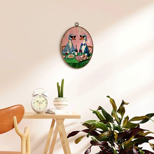 EGVQK Vintage Funny Ducks Oval Wall Art, Whimsical Goose Wine Dinner Party Framed Canvas Prints Wall Art, Retro Quirky Duck Oval Canvas Hanging Decor for Kitchen Bar Dining Room Decorations,8.5x11.5in - color: animal_15