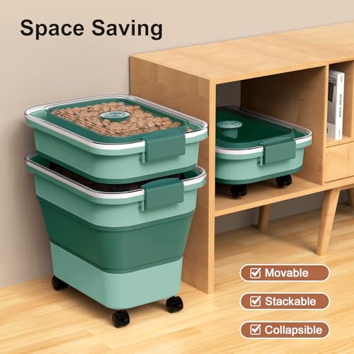Dog Food Storage Container, 15-23 Lbs Collapsible Dog Food Container with Transparent Airtight Lid, Wheels and Scoop, Travel Pet Food Storage Container for Cat, Dog and Bird, Keep Dry Food Fresh - color: Green