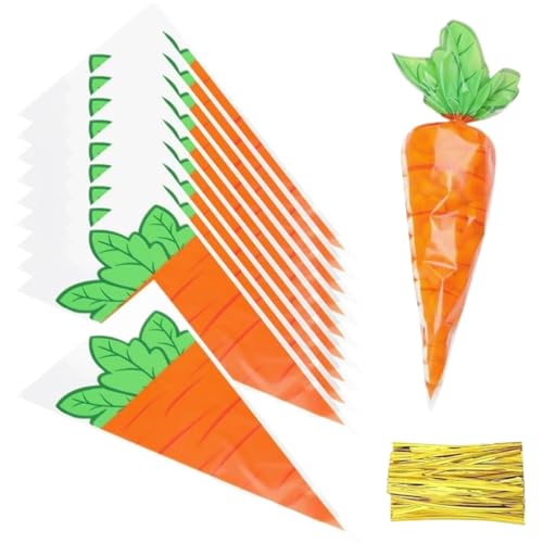 MexLuyu 50Pcs Cute Carrot Gift Wrap Bags Easter Cellophane Treat Bags Carrot Shaped Triangle Bags with Twist Ties Orange Gift Cone Goodie Plastic Bag Easter Party Supplies for Cookie Popcorn