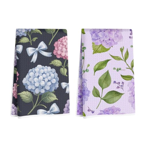 2 Pcs Artistic Hydrangea Kitchen Towels Decorative Hand Towels 02 | Waffle Soft Tea Towel for Home, Bathroom, Absorbent Microfiber Dish Cloth, Housewarming Gifts for Women, Mom - color: Multi 1212