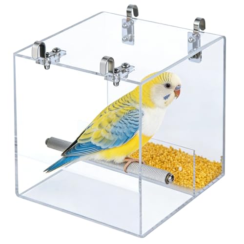 ASelected Clear No Mess Bird Feeder, 6.3in Automatic Bird Feeder for Cage, Acrylic Clear Birds Feeder for Parrots Canary Parakeet Budgerigar Crested Myna Cockatiel Lovebird