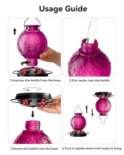 26Oz Hummingbird Feeder for Outdoors, Vintage Glass Bird Feeder with Perch, Durable & Easy to Clean, Hanging Nectar Feeder for Garden, Yard, Deck – Gifts for Women Mom (Violet) - color: Violet