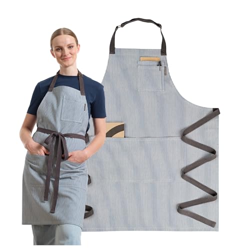Chef Aprons for Women with Pockets, Adjustable Bib Aprons for Cooking - color: Blue Pinstriped