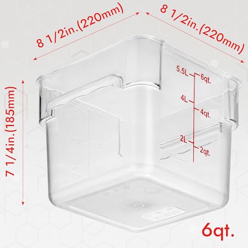 4 Pack Food Storage Container with Red Lid - NSF Commercial Grade in 6.0 Qt - Square, Clear, Polycarbonate - color: 6.0 Qt 4-Pack(Red Lids)