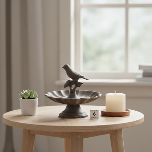 Comfy Hour Bird Bath Bowl, 6 Inch Cast Iron Mini Pedestal Feeder Dish, Antique Bronze Small Metal Tabletop Accent for Outdoors, Garden Porch and Patio Decor, 1 Unit