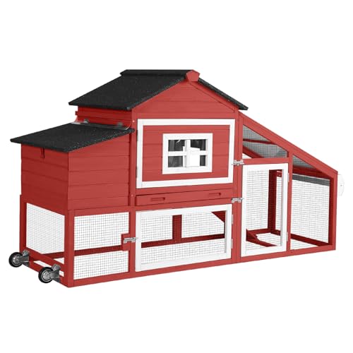 GUTINNEEN Chicken Coop with Wheels Mobile Outdoor Hen House Weatherproof Duck Cage with Large Nesting Box, Leak-Proof Tray, UV-Resistant Roof for 2-4 Chickens (Red) - color: Red
