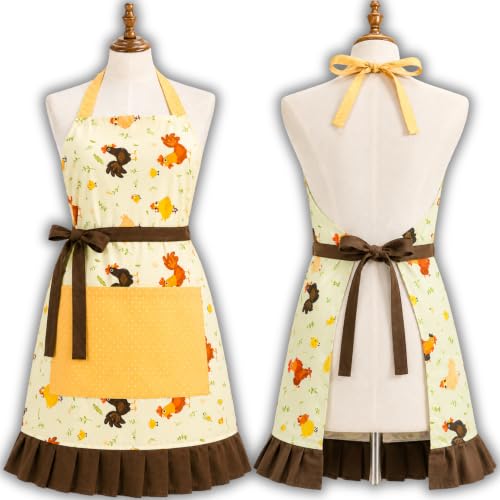 Chicken Apron for Women, Playful Farmhouse Chicken Apron with Pocket, Cute Free-Range Hen Pattern Kitchen Apron, Funny Gift for Chicken Lovers, Bakers & Moms