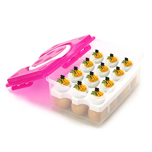2 Tiers Egg Container Deviled Egg Carrier Eggs Holder with Handle Fridge Freezer Storage by DELIFUR (Red) - color: Red
