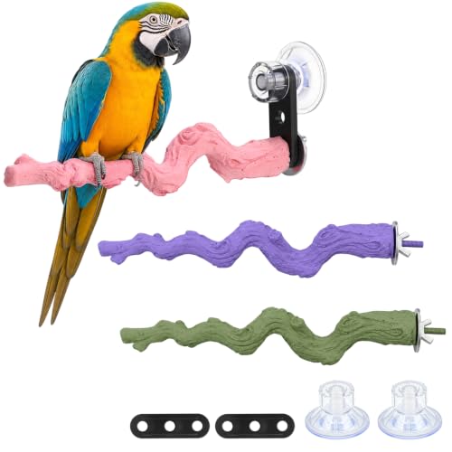 3 Pcs Dual-use Bird Perch with Rough Grinding Stone, Suction Cup & Screw Mount Window Perch Multi-Functional Bird Perches for Small and Medium Birds Cage, Wall, Bathroom and Car Travel