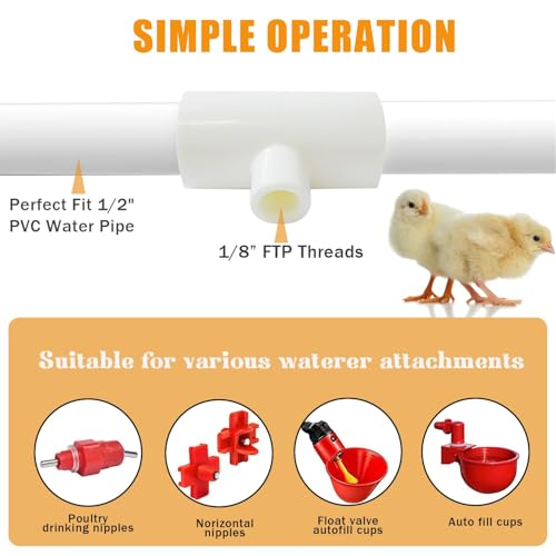40 Pieces Chicken Waterer PVC Tee Fittings, Automatic Poultry Waterers PVC Fittings for 1/8" FTP Threads, Chicken Water Drinker and Feeder Cups for Poultry Nipples Chicken - size: 40