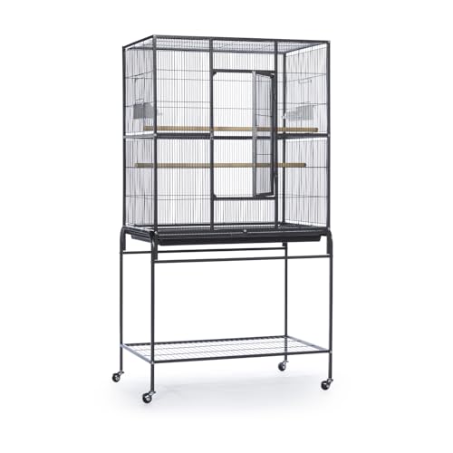 Prevue Pet Products Flight Cage with Stand - Large Metal Bird Cage with Removable Tray, Wood Perches, Double Feeders & Storage Shelf on Rolling Casters, Ideal for Small to Medium Birds - Black - color: Black
