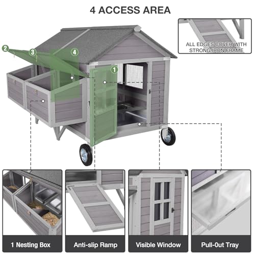 GUTINNEEN 68" Chicken Coop for 8-12 Chickens with Large Wheels, Mobile Wooden Hen House with 4 Nesting Boxes, 4 Perches, Pull-Out Trays, Outdoor Backyard Poultry Cage - size: 68.1"L x 53.9"W x 49.0"H