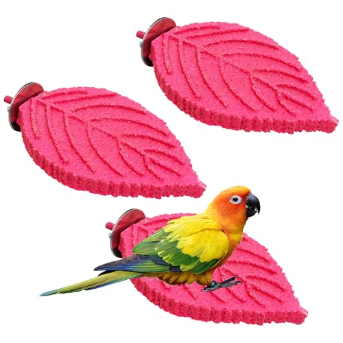 3 Pcs Bird Perch Resin Bird Beak Grinding Stone Leaf Shape Perch Stand Foot Clawing Trimmer Platform Cage Accessories for Cockatiels Conures Budgies Lovebirds (Pink) - color: Pink, size: Leaves