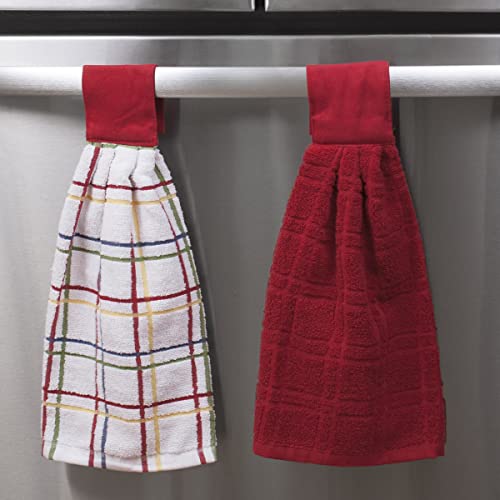 Ritz Premium 100% Cotton Solid & Multi Check Kitchen Tie Towel Absorbent, Super Soft, Fast Drying Hang Towel, 3-Pack, Paprika Red - color: Paprika Red, size: Solid & Multi Check - 3 Piece