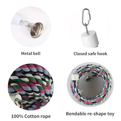 65inch Cotton Bendable Rope(Plus 1 Set 3 Steel Bells) Perch Swing Bird Chew Toys Amazon Parrots Cage Toys with Bell Swing Climbing Standing Bungee Bird Toys for Large to Regular Size Birds - size: 65 inches (1 piece)