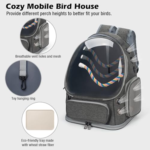 Bird Backpack Carrier Travel Cage with Perch, Tray and Breathable Clear Window, Bird Travel Cage for Cockatiel Caique Conure Quaker, for Vetting Camping Hiking (Grey) - color: Grey