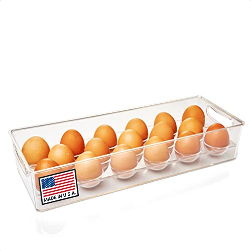 Pikanty Egg Holder for Refrigerator with Removable Tray - Holds 17 Eggs, Clear Plastic Container with Pull Handles for Bulk Eggs, Farm Fresh, Backyard Chickens, Dishwasher Safe, Made in USA - style: Eggs Holder Bin