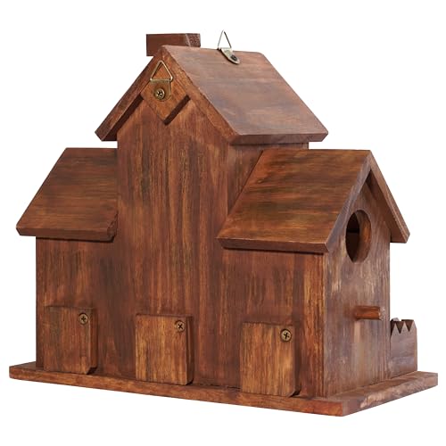 MIXUMON Bird Houses for Outside with Bird Feeder, Outdoor 3 Hole Bird House Room for 3 Bird Families Bluebird Finch Cardinals Hanging Birdhouse for Garden (Style 12)